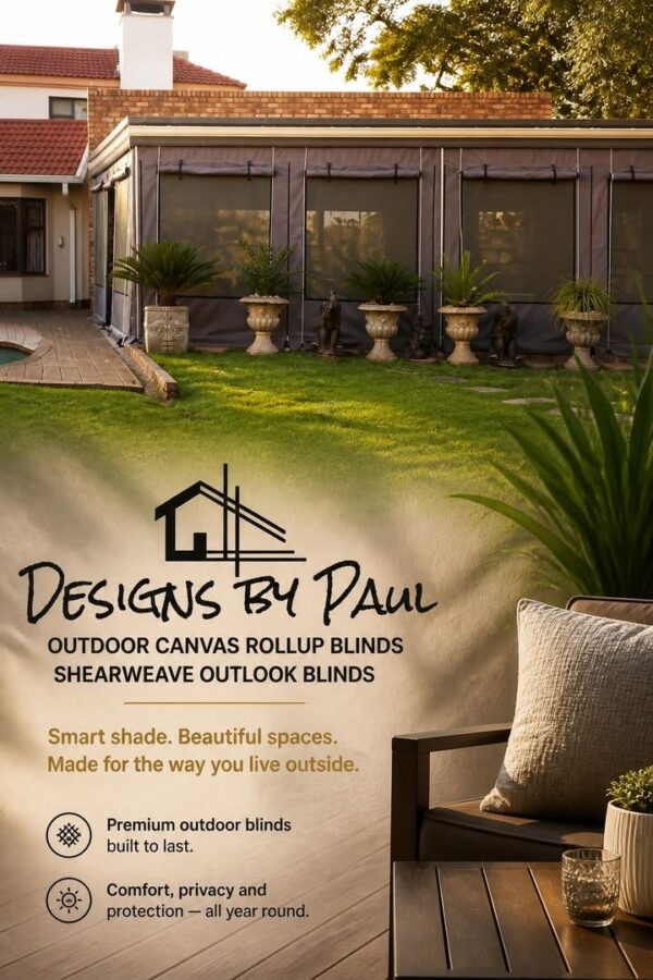 Outdoor Blinds Manufactured and installed 
Designs by Paul
www.designsbypaul.co.za 
066 286 9900