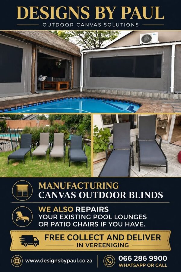 Outdoor blinds Manufactured and installed. Repairs done to your existing pool lounges or patio chairs…